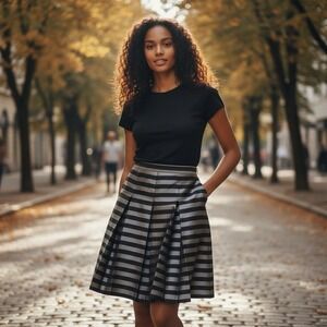 Halogen Skirt Sz 14 Striped Pleated Mini Skirt Sz 8 Black Gray Metallic Women